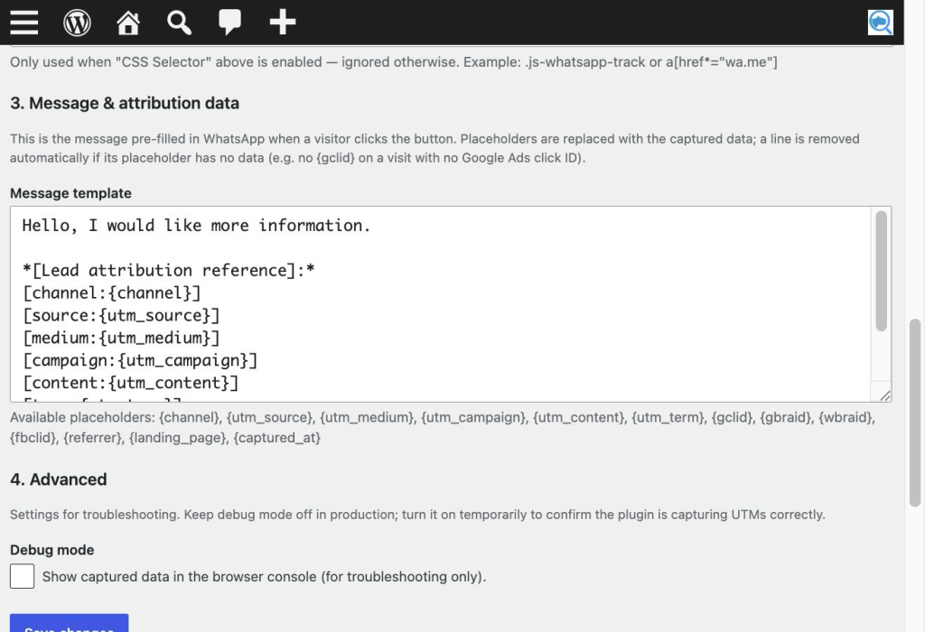 onfiguración de atribución de leads de WhatsApp en WordPress